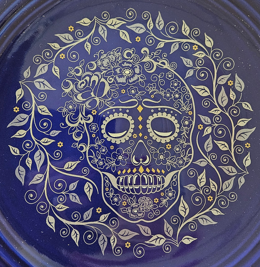 This is Fiesta fiestware Classic Chop Plate featuring the Skull & Vine center decal on twilight. Lead free, post 1986,  retired decal, retired color, Halloween
