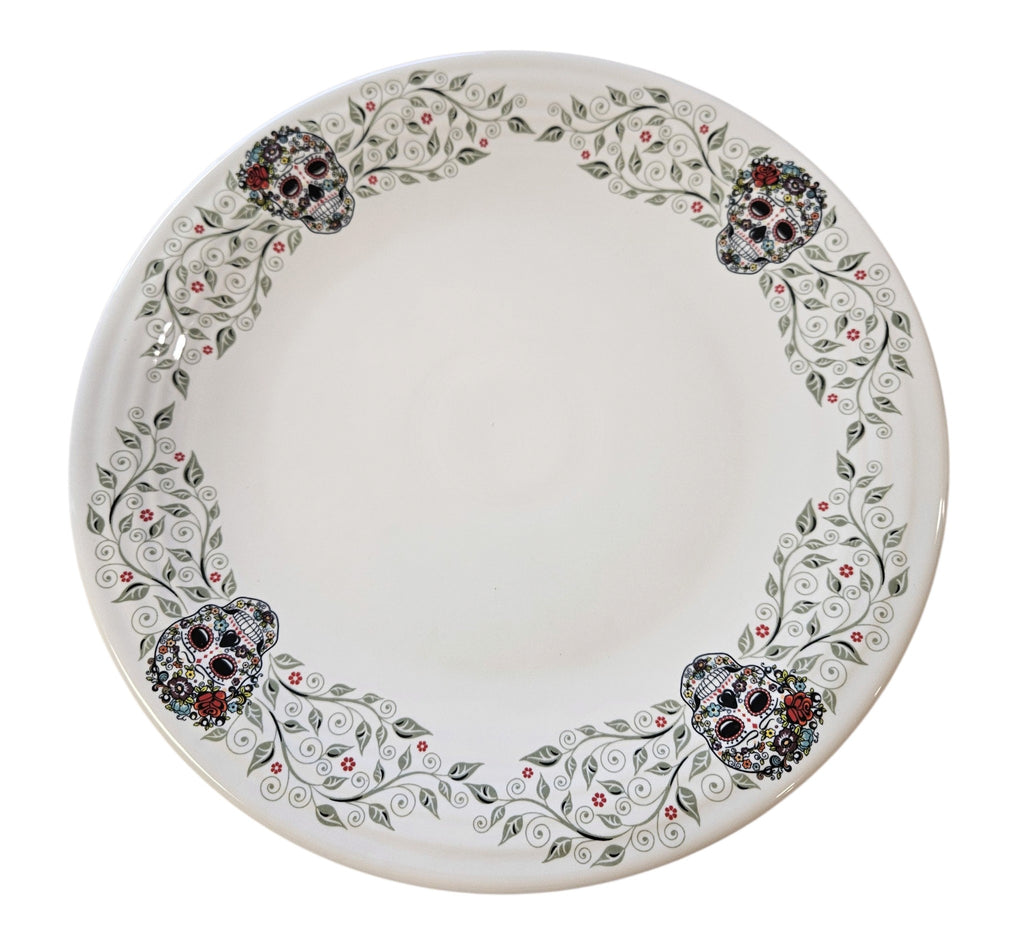 This is Fiesta fiestware Classic Chop Plate featuring the Skull & Vine border decal on white. Lead free, post 1986,  retired decal, Halloween
