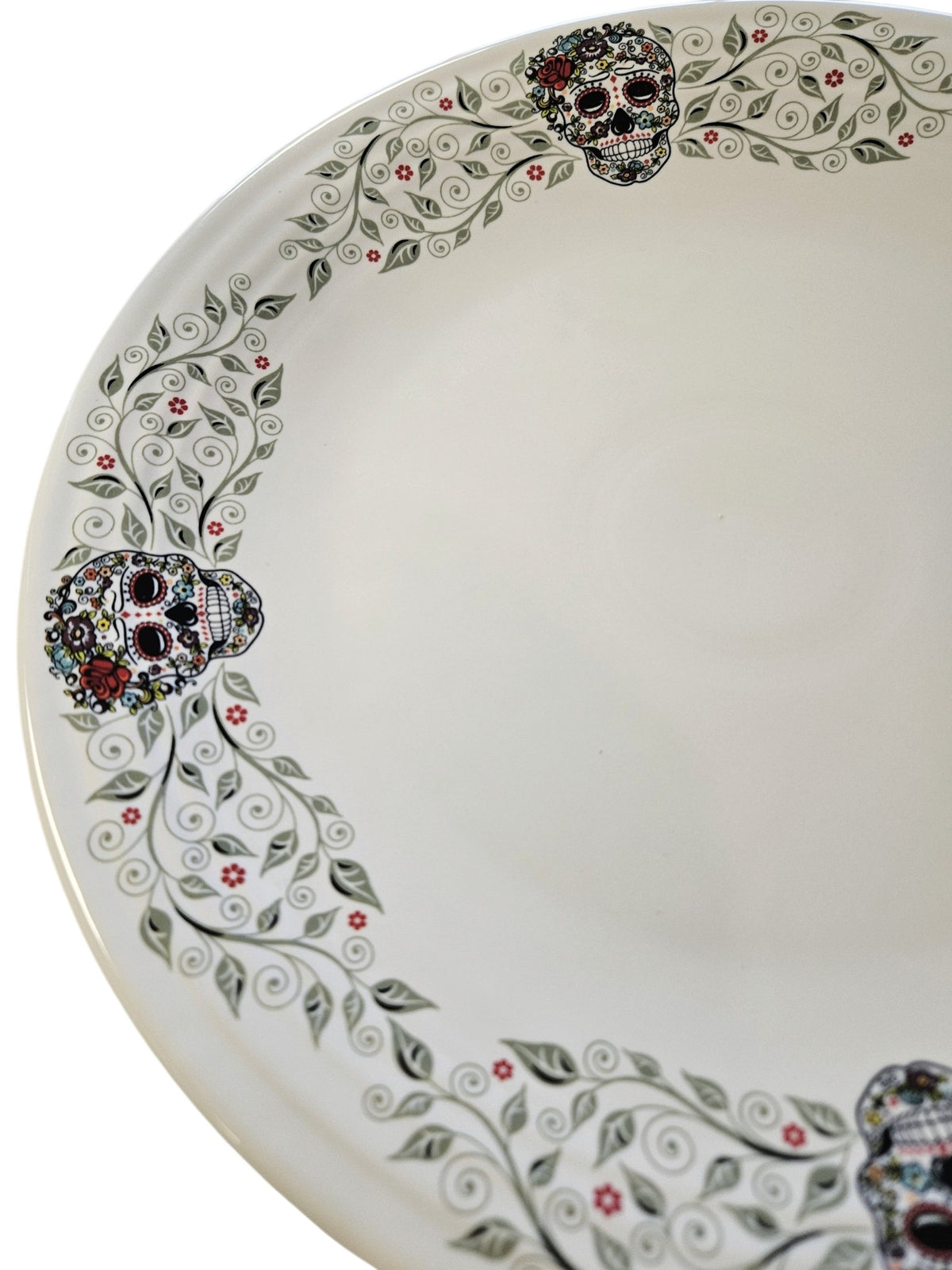 This is Fiesta fiestware Classic Chop Plate featuring the Skull & Vine border decal on white. Lead free, post 1986,  retired decal, Halloween
