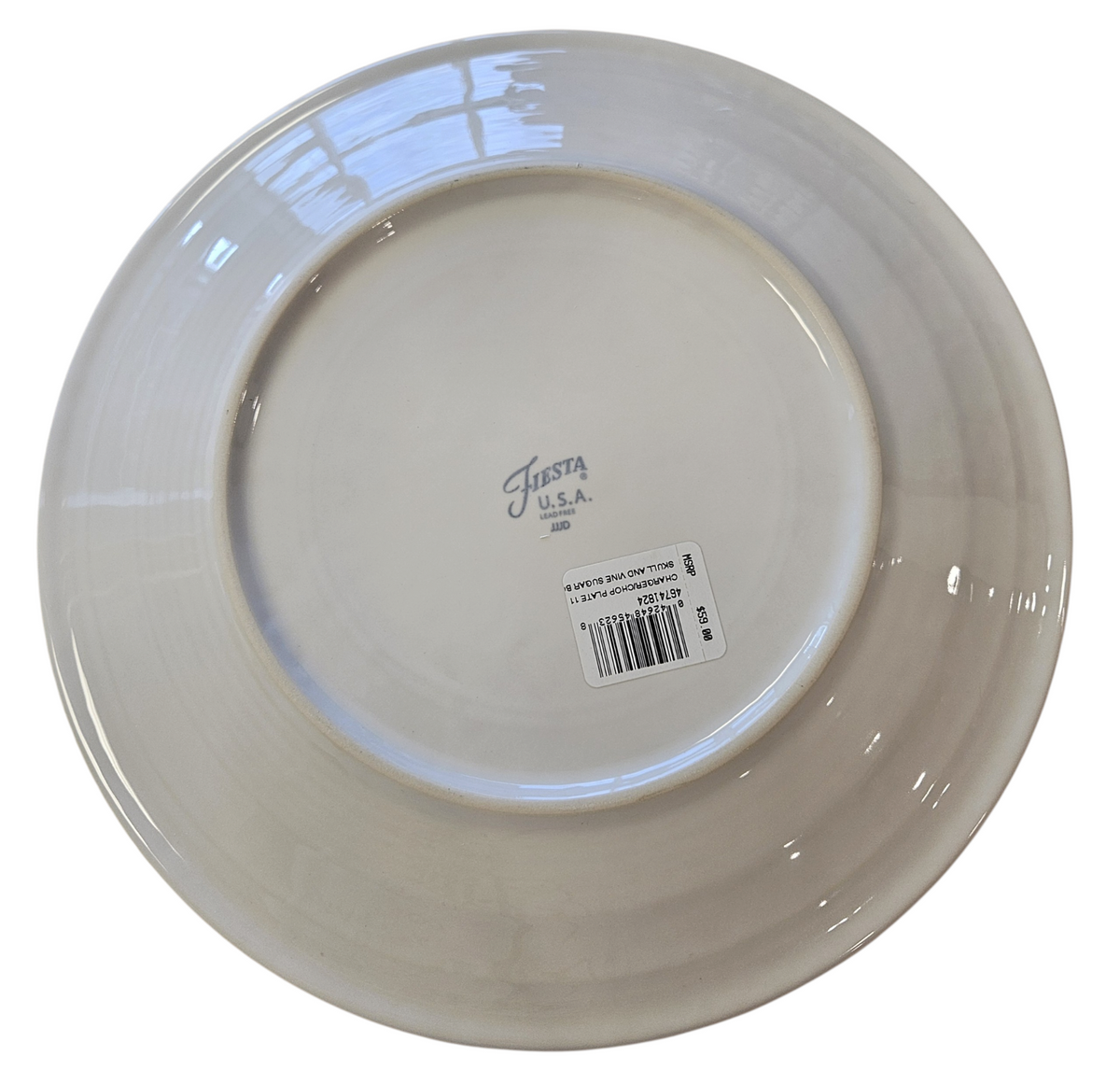 This is Fiesta fiestware Classic Chop Plate featuring the Skull & Vine border decal on white. Lead free, post 1986,  retired decal, Halloween
