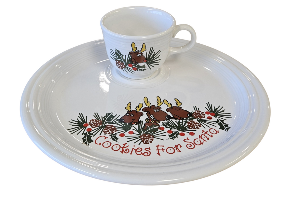 This is a Fiesta Fiestaware Welled Snack Plate and Cup featuring Betty Crocker's original Cookies for Santa Reindeer decal on White. Post 1986, Lead-free, Decorated, Retired Decal, Christmas. The set went under General Release after Betty Crocker shut down their catalog.
