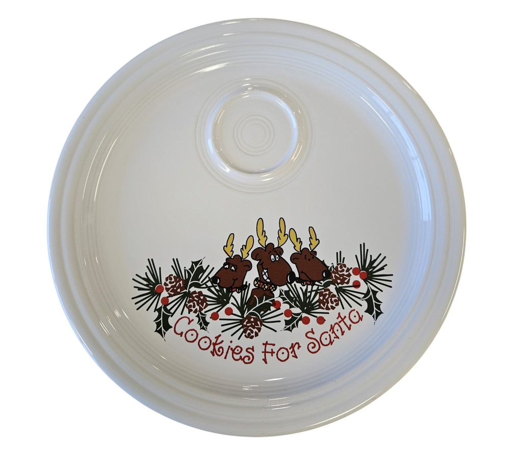 This is a Fiesta Fiestaware Welled Snack Plate and Cup featuring Betty Crocker's original Cookies for Santa Reindeer decal on White. Post 1986, Lead-free, Decorated, Retired Decal, Christmas. The set went under General Release after Betty Crocker shut down their catalog.
