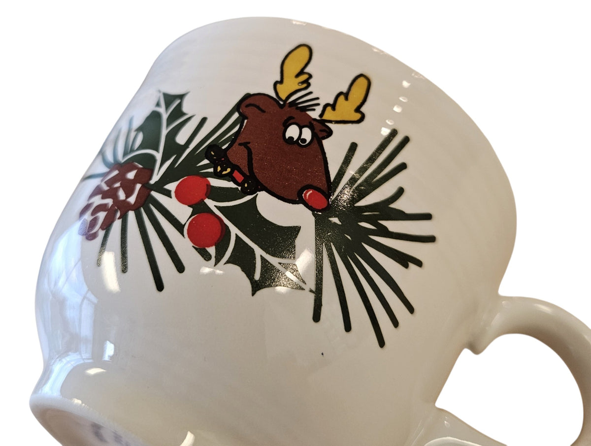 This is a Fiesta Fiestaware Welled Snack Plate and Cup featuring Betty Crocker's original Cookies for Santa Reindeer decal on White. Post 1986, Lead-free, Decorated, Retired Decal, Christmas. The set went under General Release after Betty Crocker shut down their catalog.
