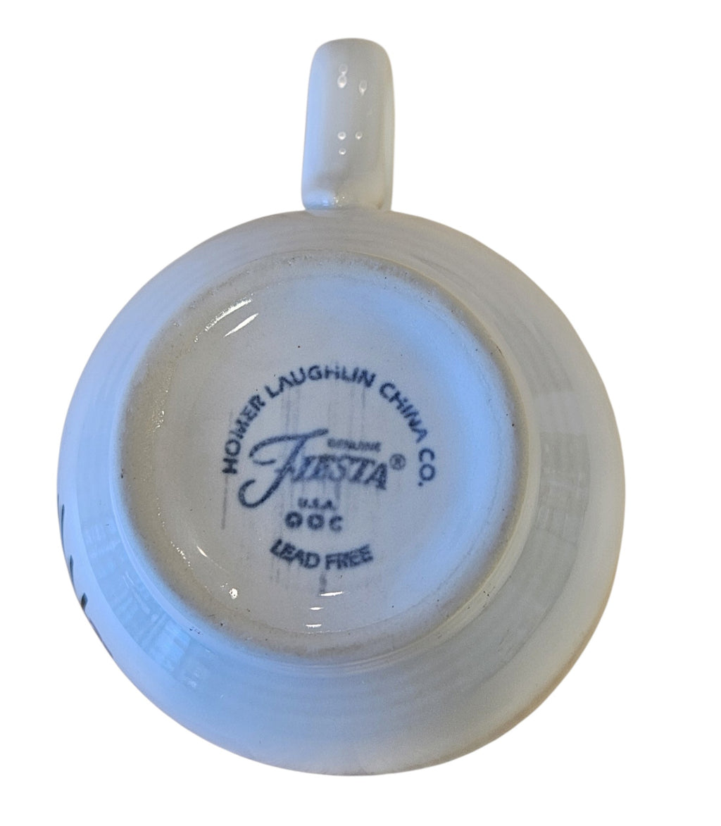 This is a Fiesta Fiestaware Welled Snack Plate and Cup featuring Betty Crocker's original Cookies for Santa Reindeer decal on White. Post 1986, Lead-free, Decorated, Retired Decal, Christmas. The set went under General Release after Betty Crocker shut down their catalog.
