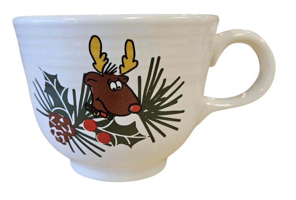 This is a Fiesta Fiestaware Welled Snack Plate and Cup featuring Betty Crocker's original Cookies for Santa Reindeer decal on White. Post 1986, Lead-free, Decorated, Retired Decal, Christmas. The set went under General Release after Betty Crocker shut down their catalog.
