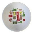 This is a Fiesta Fiestaware Classic Luncheon Plate featuring Dillard's 2018 Gift Boxes and Trees decal on White. Post 1986, Lead-free, Decorated, Retired Decal, Christmas
