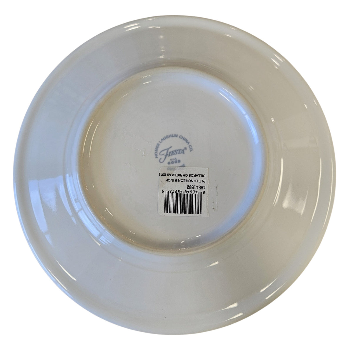 This is a Fiesta Fiestaware Classic Luncheon Plate featuring Dillard's 2018 Gift Boxes and Trees decal on White. Post 1986, Lead-free, Decorated, Retired Decal, Christmas
