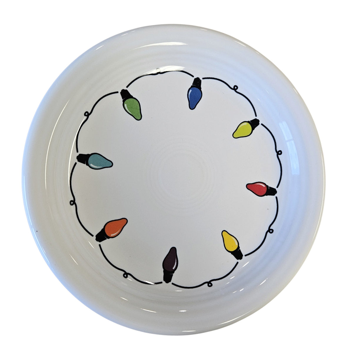 This is a Fiesta Fiestaware Bistro Appetizer Plate featuring the decal sometimes called Bon-Ton's Christmas Lights, String of Lights, or Holiday Lights on White. Post 1986, Lead-free, Christmas, Tree, Decorated, Retired Decal
