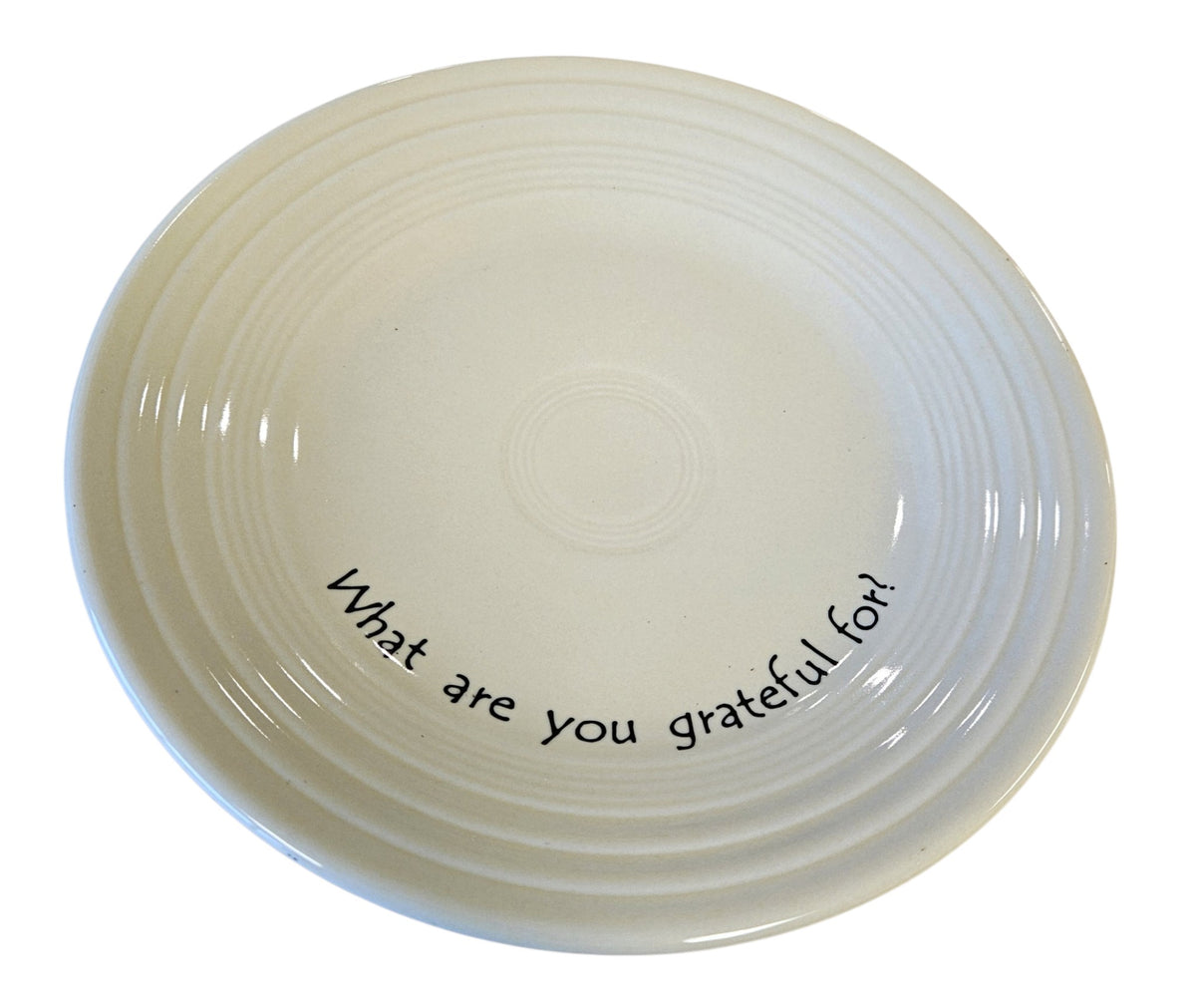 This is a Fiesta Fiestaware Classic Luncheon Plate featuring Fiesta's exclusive Café Gratitude "What are you Gratefuk For?" decal  on Ivory. The decal was created as a conversation or "pass along" piece to encourage reflection and gratitude during meals. Post 1986, Lead-free, Thanksgiving, Fall, Christmas, Decorated, Retired Decal

