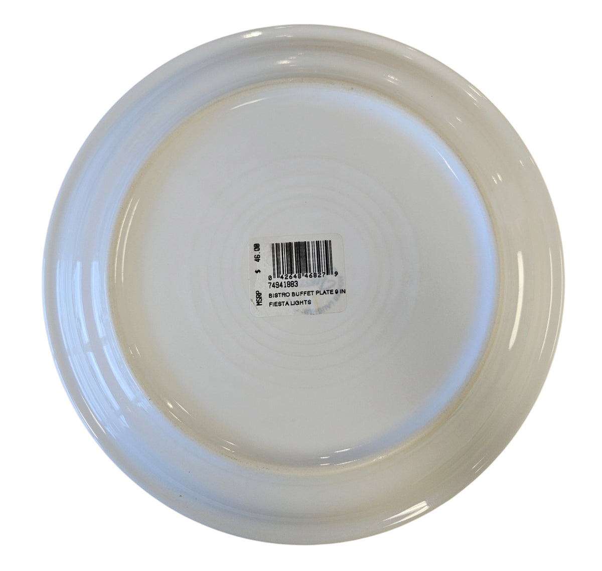This is a Fiesta Fiestaware Bistro Luncheon Plate featuring the decal sometimes called Bon-Ton's Christmas Lights, String of Lights, or Holiday Lights on White. Post 1986, Lead-free, Christmas, Tree, Decorated, Retired Decal
