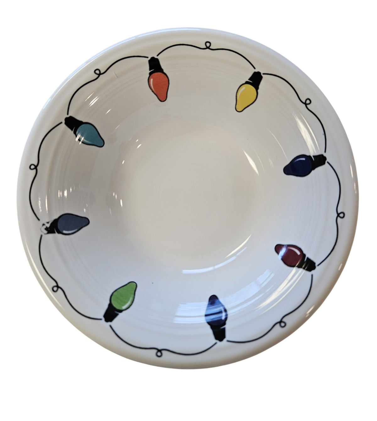 This is a Fiesta Fiestaware Stacking Ceral Bowl featuring the decal sometimes called Bon-Ton's Christmas Lights, String of Lights, or Holiday Lights on White. Post 1986, Lead-free, Christmas, Tree, Decorated, Retired Decal
