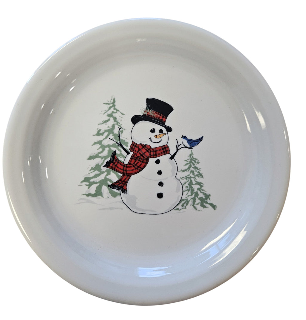 This is a Fiesta Fiestaware Bistro Appetizer Plate featuring the Snowman decal on White. Post 1986, Lead-free, Decorated, Christmas
