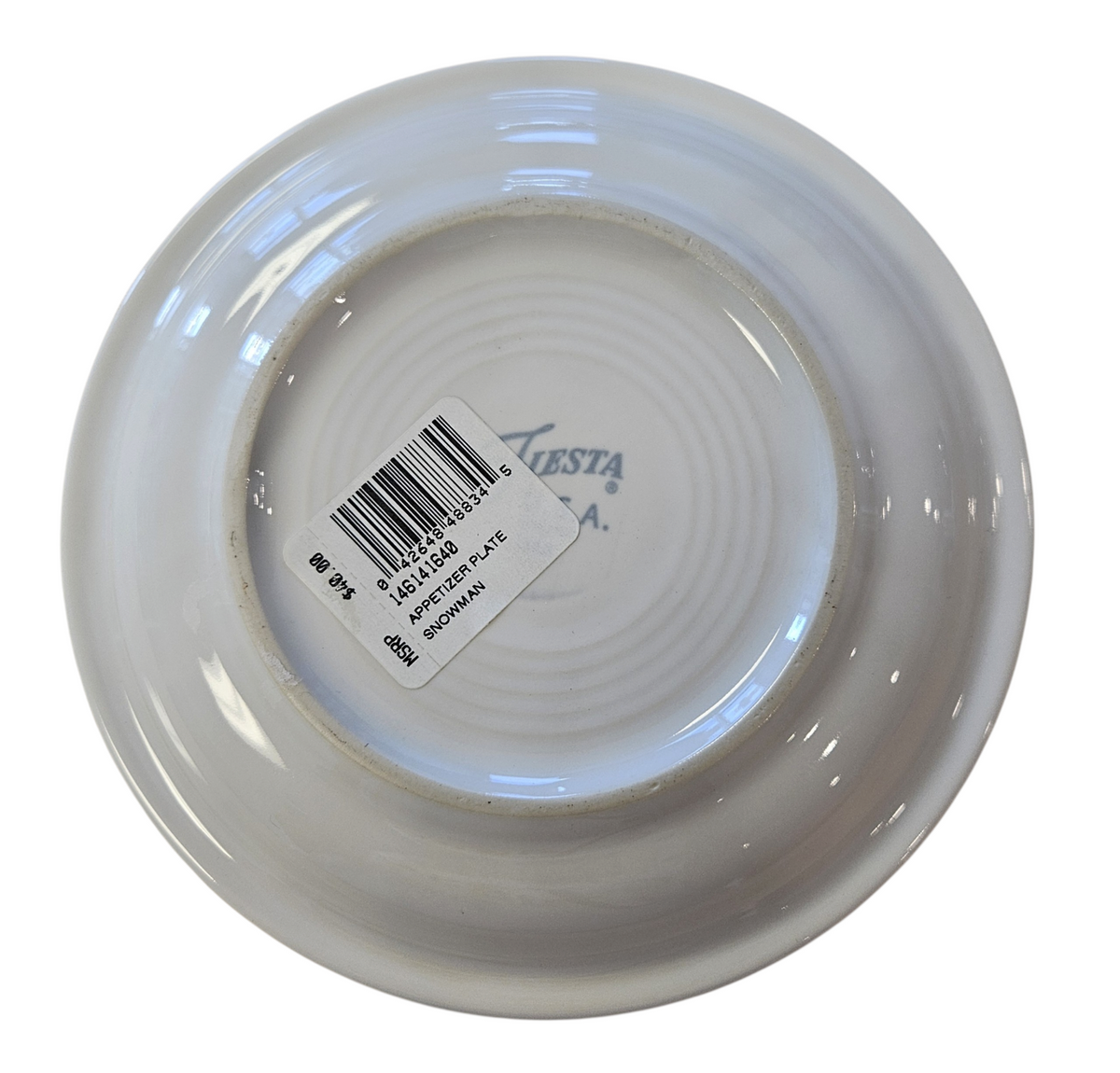 This is a Fiesta Fiestaware Bistro Appetizer Plate featuring the Snowman decal on White. Post 1986, Lead-free, Decorated, Christmas
