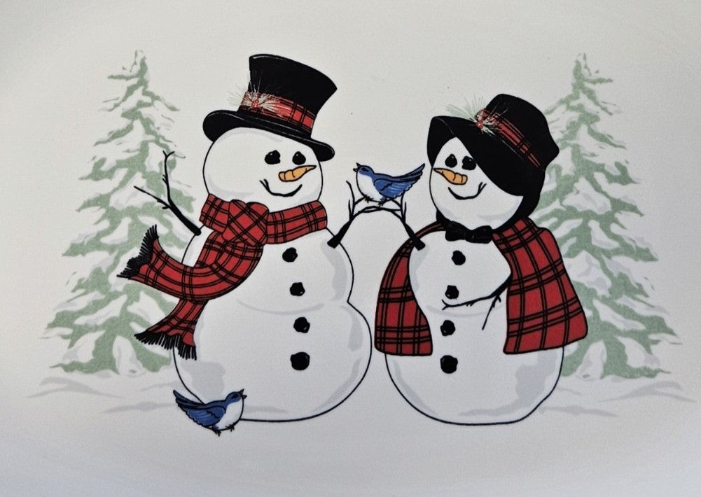 This is a Fiesta Fiestaware Rectangular Platter featuring the Snow Couple decal on White. Post 1986, Lead-free, Decorated, Christmas
