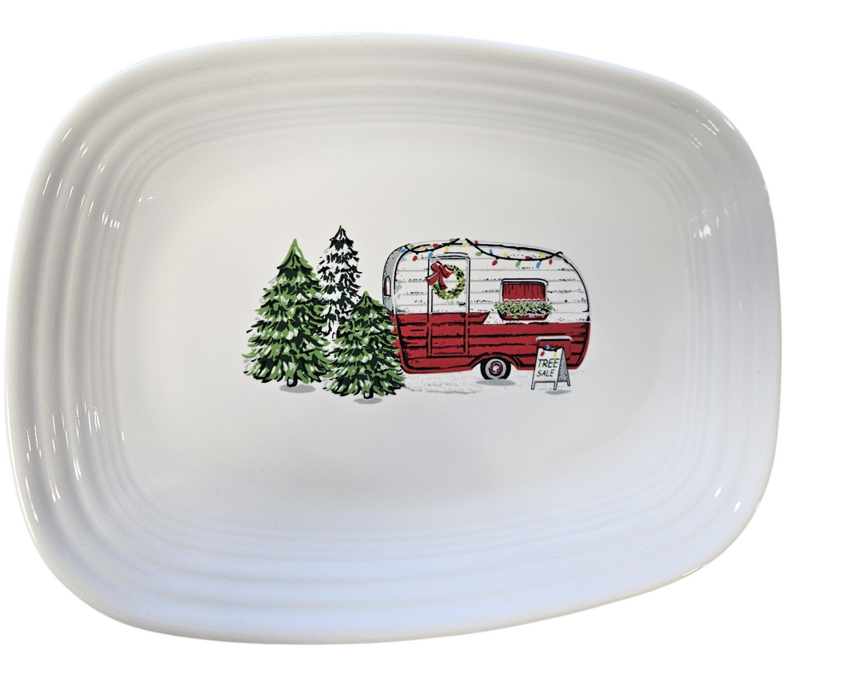 This is a Fiesta Fiestaware Rectangular Platter featuring the original Bed, Bath & Beyond Holiday Camper decal on White. Post 1986, Lead-free, Christmas, Camper, Decorated, Retired Decal, Holiday
