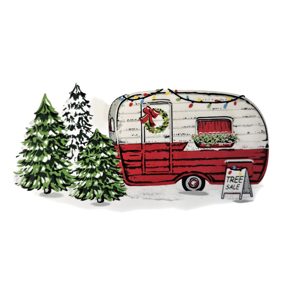 This is a Fiesta Fiestaware Rectangular Platter featuring the original Bed, Bath & Beyond Holiday Camper decal on White. Post 1986, Lead-free, Christmas, Camper, Decorated, Retired Decal, Holiday
