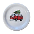 This is a Fiesta Fiestaware Bistro Salad Plate featuring the original Bed, Bath & Beyond Holiday Bus decal on White. Post 1986, Lead-free, Christmas, VW Bus, Decorated, Retired Decal, Holiday
