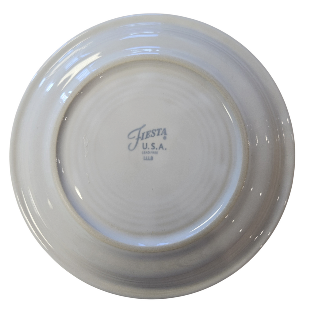 This is a Fiesta Fiestaware Bistro Salad Plate featuring the original Bed, Bath & Beyond Holiday Bus decal on White. Post 1986, Lead-free, Christmas, VW Bus, Decorated, Retired Decal, Holiday
