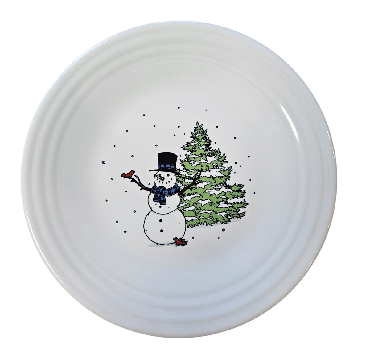 This is a Fiesta Fiestaware Classic Luncheon Plate featuring the Belk's Snowman and Tree decal on White. Post 1986, Lead-free, Decorated, Retired Decal
