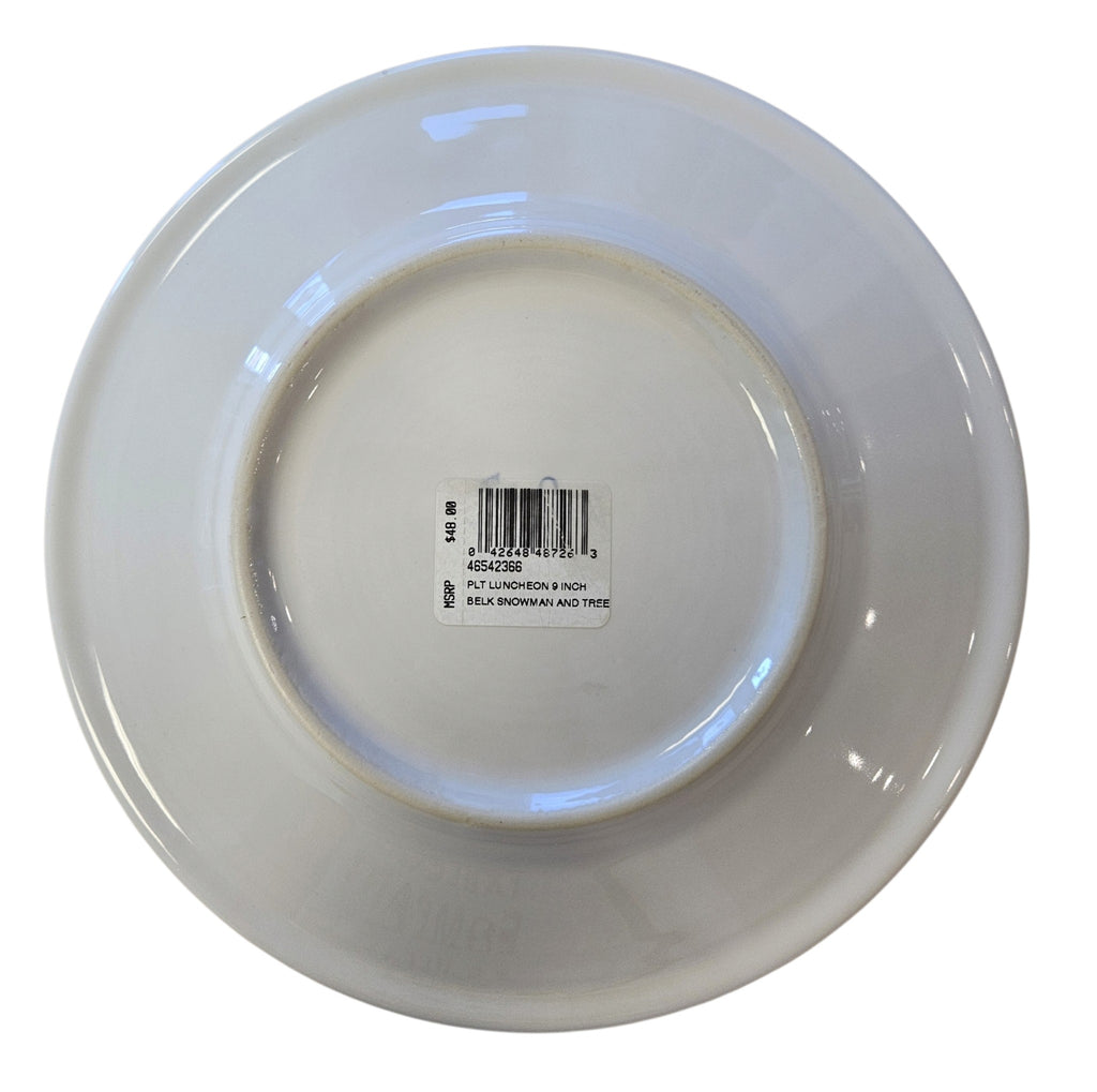 This is a Fiesta Fiestaware Classic Luncheon Plate featuring the Belk's Snowman and Tree decal on White. Post 1986, Lead-free, Decorated, Retired Decal
