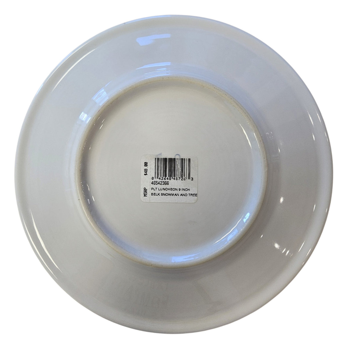 This is a Fiesta Fiestaware Classic Luncheon Plate featuring the Belk's Snowman and Tree decal on White. Post 1986, Lead-free, Decorated, Retired Decal
