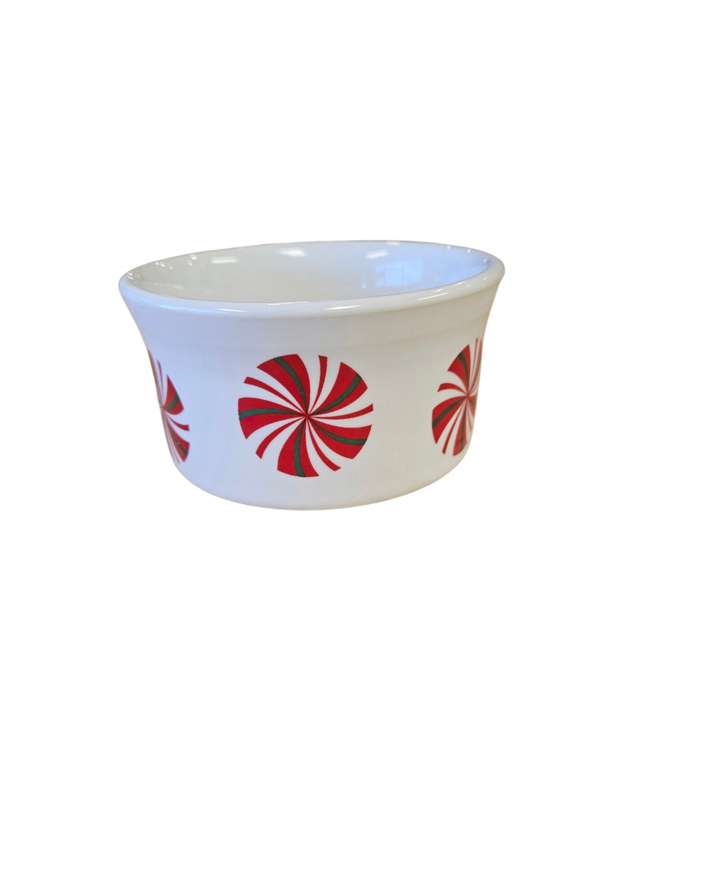 This is a Fiesta Fiestaware Ramekin featuring FTCCO's Peppermint decal on White. Post 1986, Lead-free, Decorated, Christmas, Original Betty Crocker Peppermint decal brought back to life by FTCCO.
