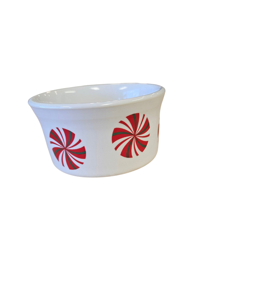 This is a Fiesta Fiestaware Ramekin featuring FTCCO's Peppermint decal on White. Post 1986, Lead-free, Decorated, Christmas, Original Betty Crocker Peppermint decal brought back to life by FTCCO.
