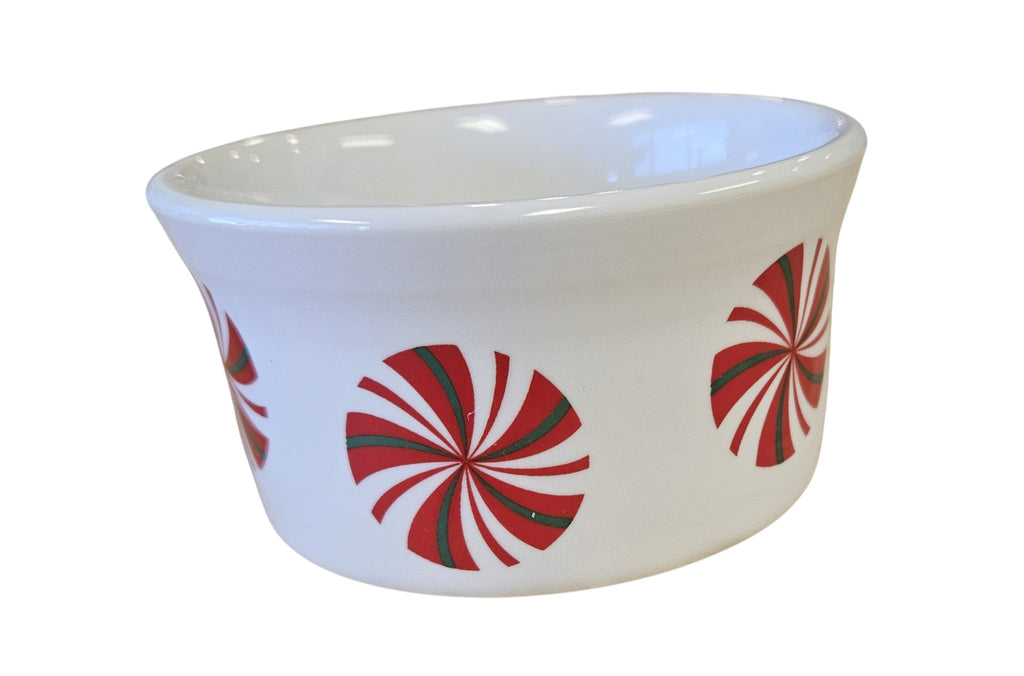 This is a Fiesta Fiestaware Ramekin featuring FTCCO's Peppermint decal on White. Post 1986, Lead-free, Decorated, Christmas, Original Betty Crocker Peppermint decal brought back to life by FTCCO.
