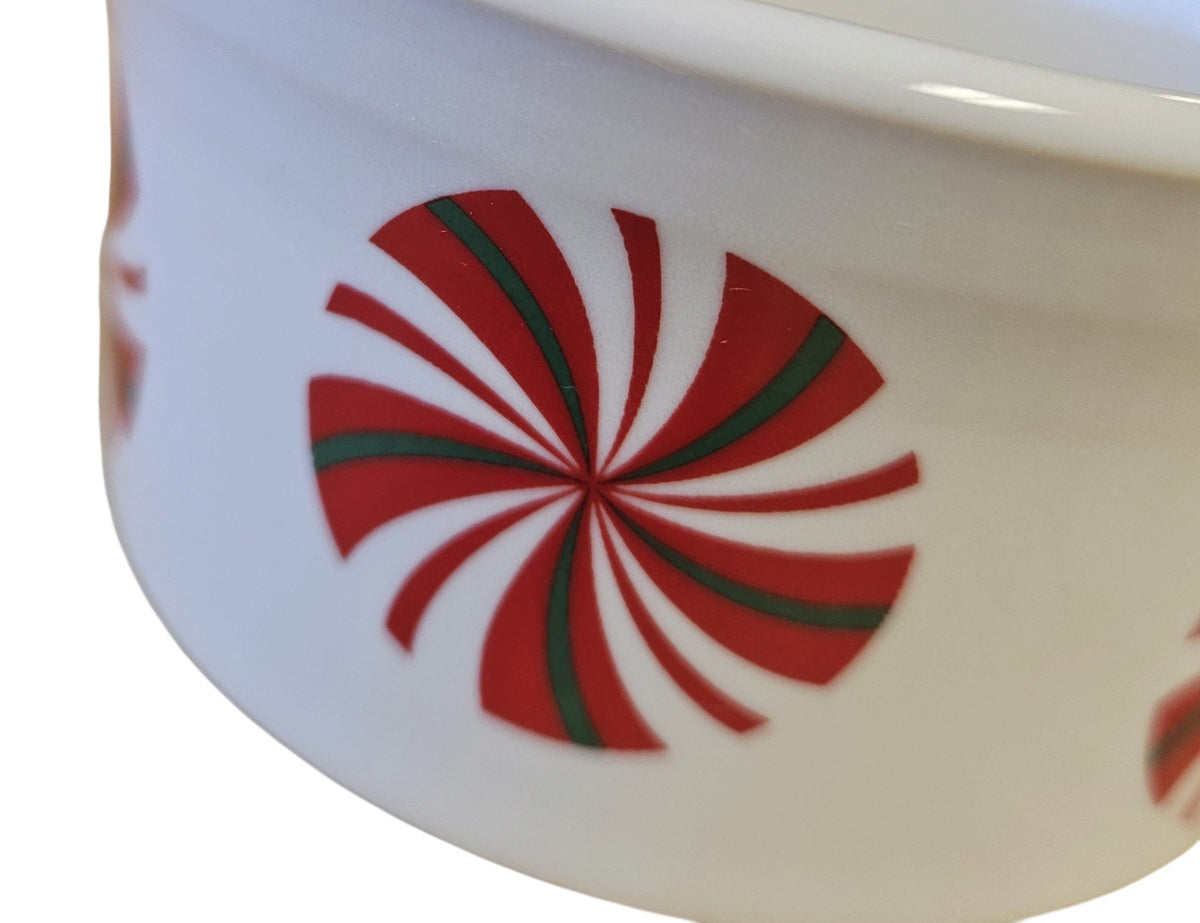 This is a Fiesta Fiestaware Ramekin featuring FTCCO's Peppermint decal on White. Post 1986, Lead-free, Decorated, Christmas, Original Betty Crocker Peppermint decal brought back to life by FTCCO.
