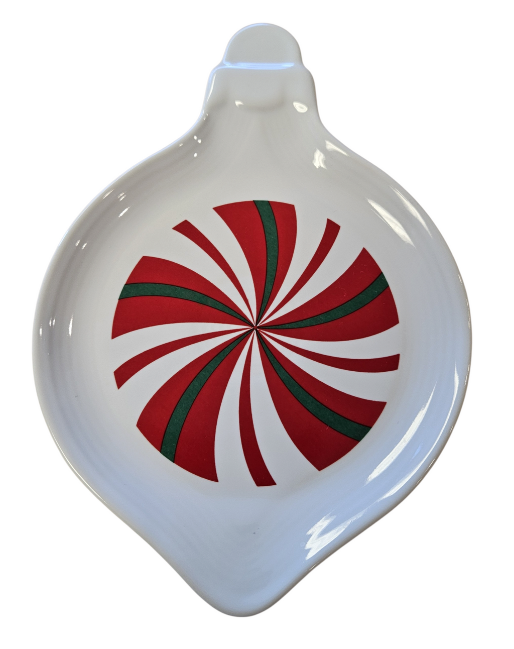 This is a Fiesta Fiestaware Ornament Plate featuring FTCCO's Peppermint decal on White. Post 1986, Lead-free, Decorated, Christmas, Original Betty Crocker Peppermint decal brought back to life by FTCCO.
