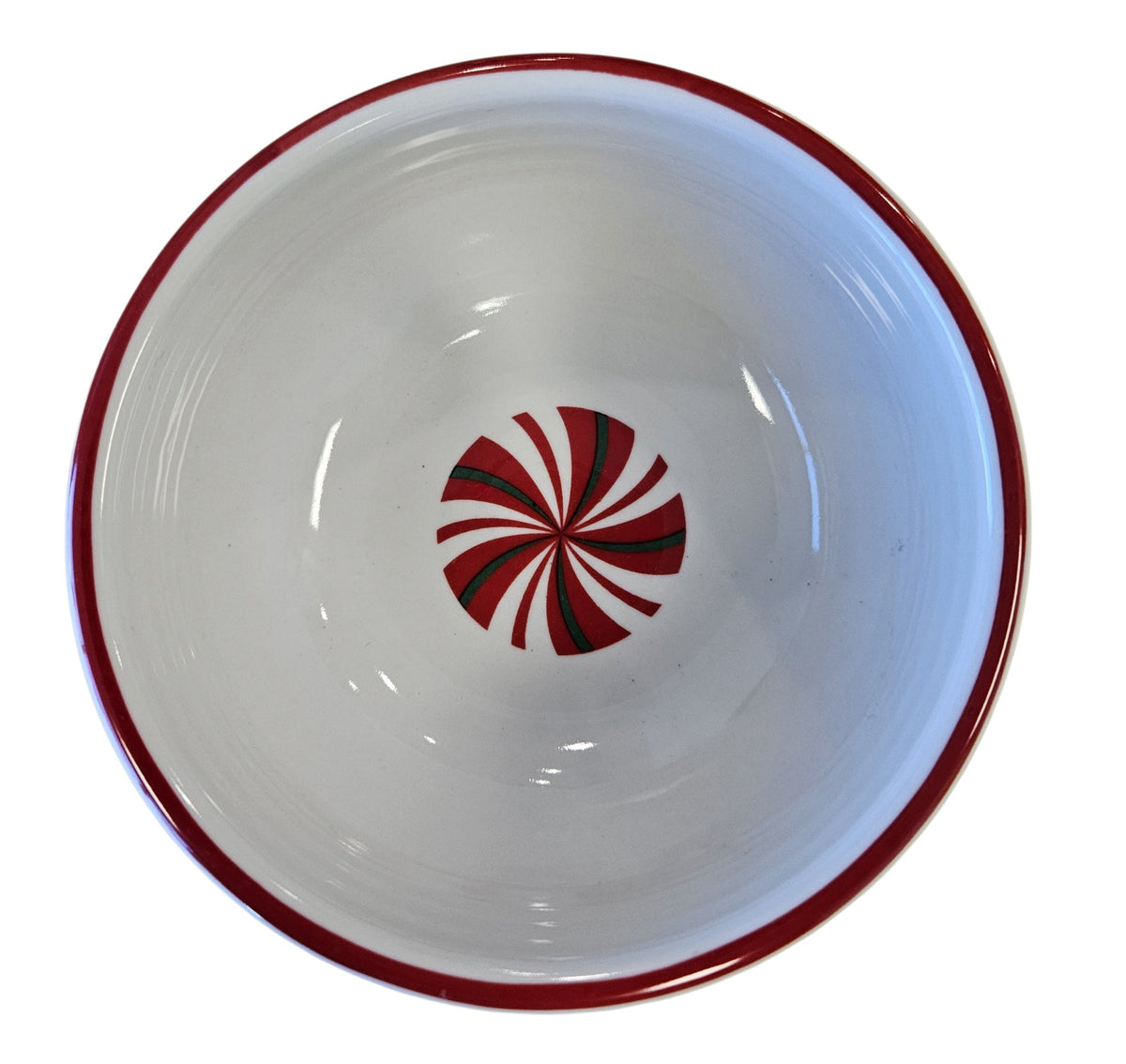 This is a Fiesta Fiestaware Mini Pinch Bowl featuring FTCCO's Peppermint decal on White. Post 1986, Lead-free, Decorated, Christmas, Original Betty Crocker Peppermint decal brought back to life by FTCCO.

