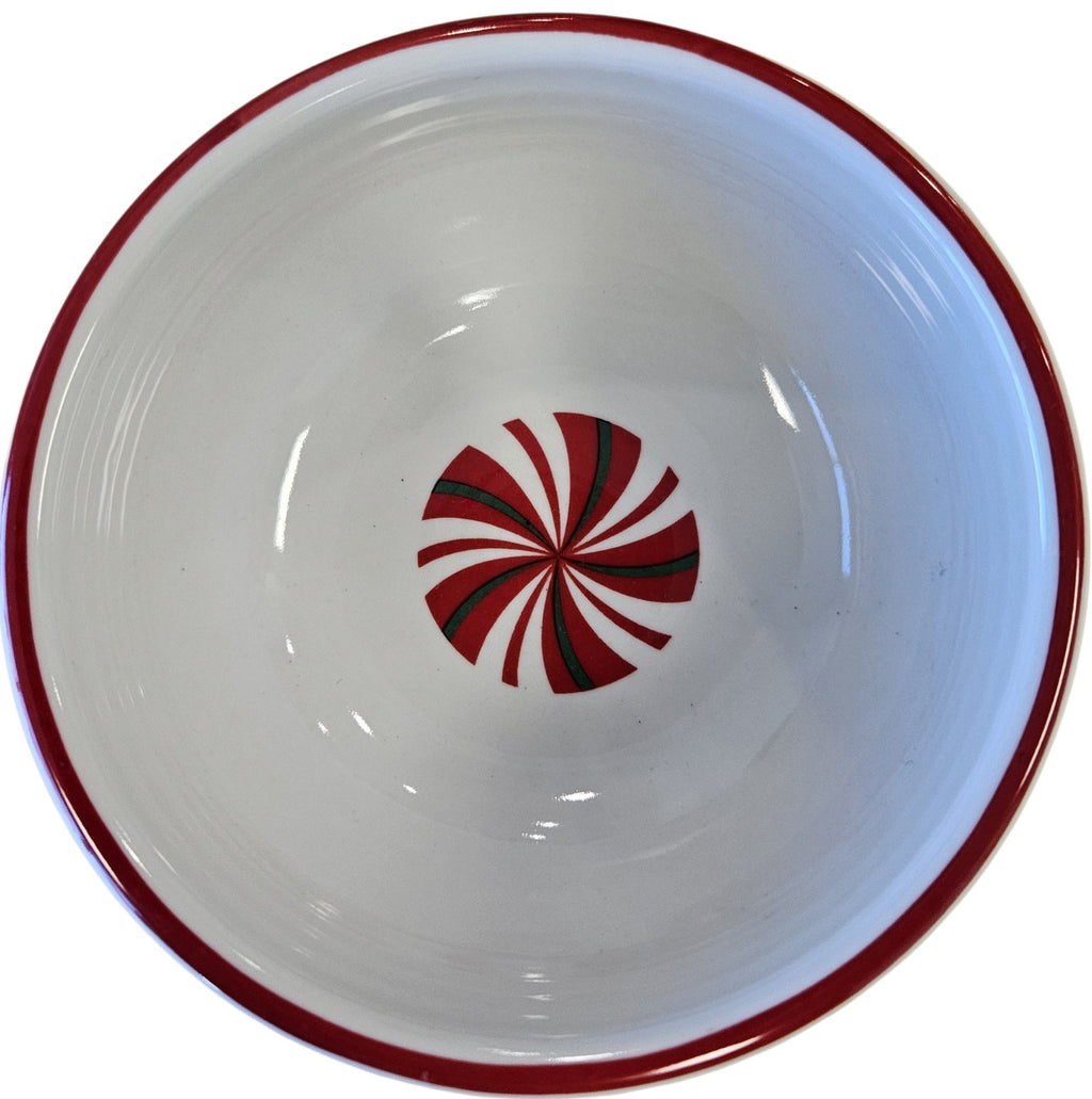 This is a Fiesta Fiestaware Mini Pinch Bowl featuring FTCCO's Peppermint decal on White. Post 1986, Lead-free, Decorated, Christmas, Original Betty Crocker Peppermint decal brought back to life by FTCCO.
