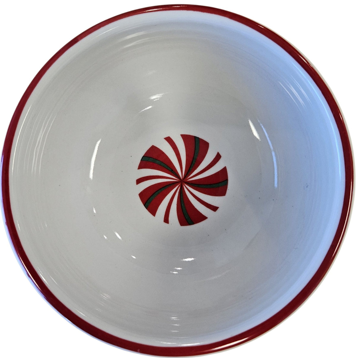 This is a Fiesta Fiestaware Mini Pinch Bowl featuring FTCCO's Peppermint decal on White. Post 1986, Lead-free, Decorated, Christmas, Original Betty Crocker Peppermint decal brought back to life by FTCCO.
