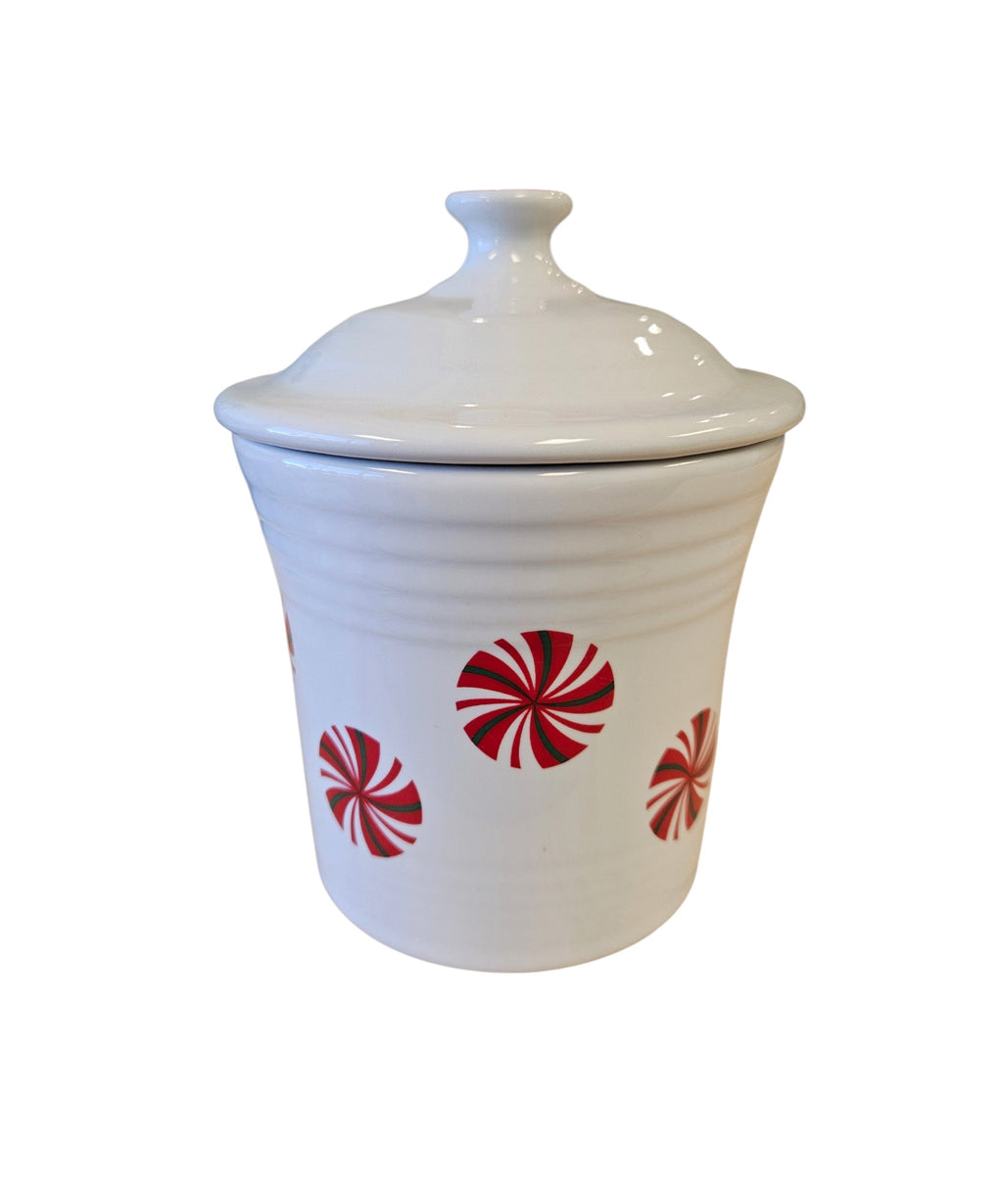 This is a Fiesta Fiestaware Jam Jar/Mini Canister featuring FTCCO's Peppermint decal on White. Post 1986, Lead-free, Decorated, Christmas, Original Betty Crocker Peppermint decal brought back to life by FTCCO.
