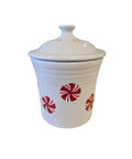 This is a Fiesta Fiestaware Jam Jar/Mini Canister featuring FTCCO's Peppermint decal on White. Post 1986, Lead-free, Decorated, Christmas, Original Betty Crocker Peppermint decal brought back to life by FTCCO.
