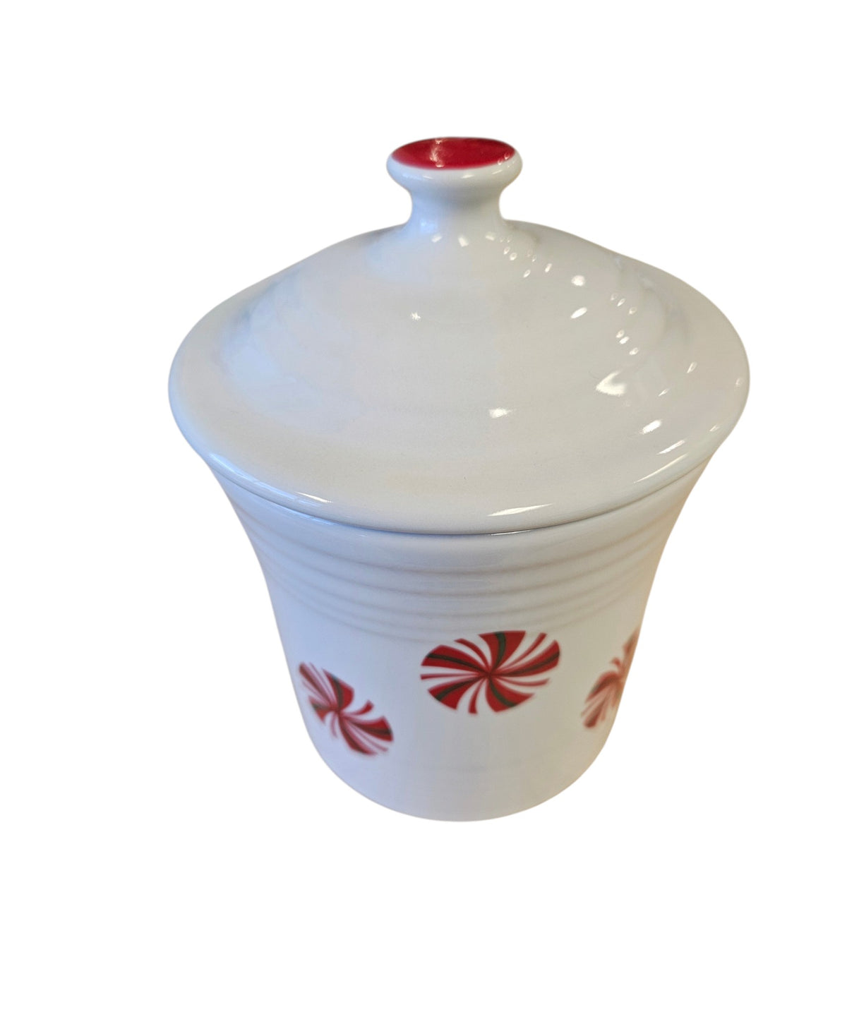This is a Fiesta Fiestaware Jam Jar/Mini Canister featuring FTCCO's Peppermint decal on White. Post 1986, Lead-free, Decorated, Christmas, Original Betty Crocker Peppermint decal brought back to life by FTCCO.
