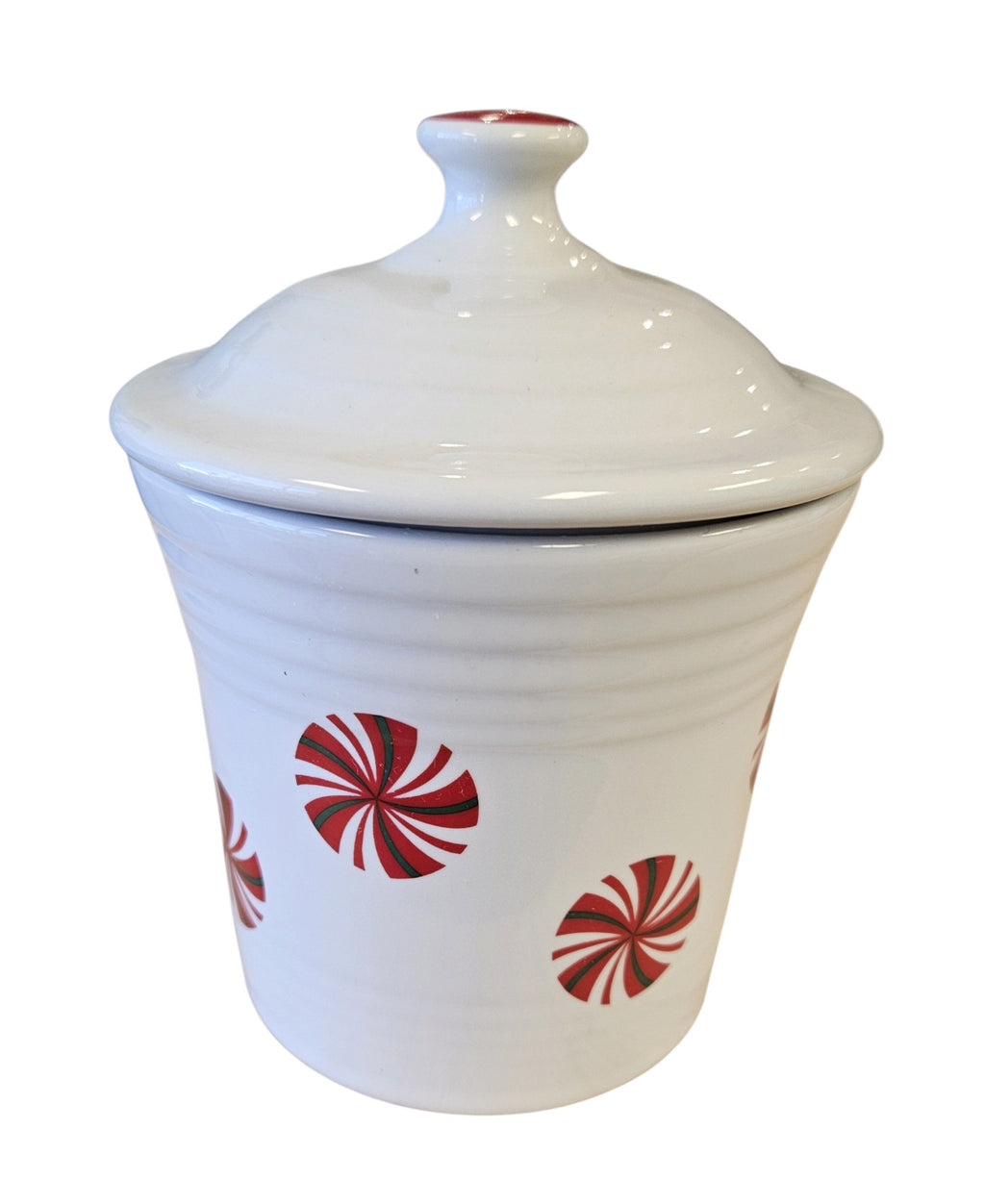 This is a Fiesta Fiestaware Jam Jar/Mini Canister featuring FTCCO's Peppermint decal on White. Post 1986, Lead-free, Decorated, Christmas, Original Betty Crocker Peppermint decal brought back to life by FTCCO.
