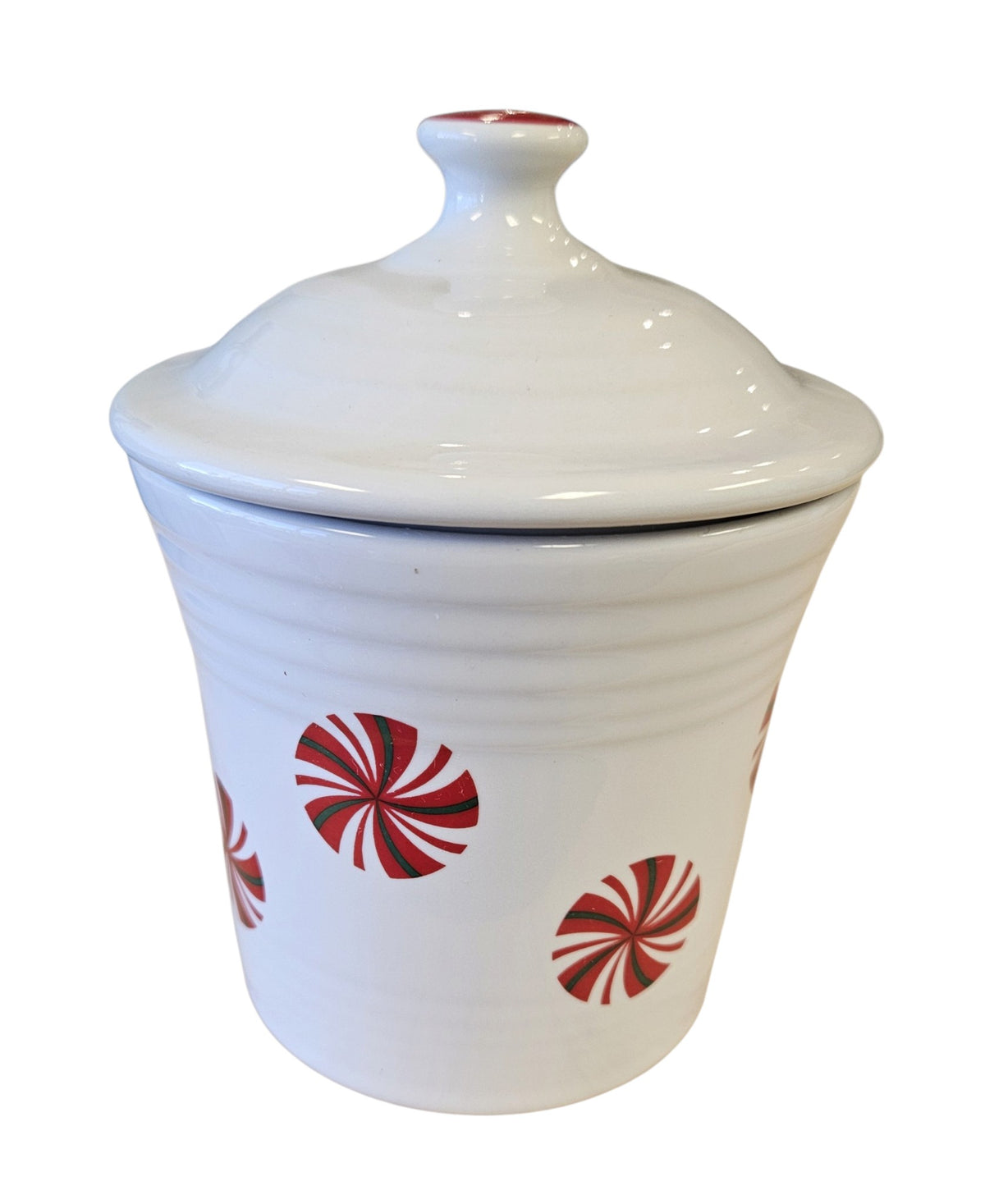 This is a Fiesta Fiestaware Jam Jar/Mini Canister featuring FTCCO's Peppermint decal on White. Post 1986, Lead-free, Decorated, Christmas, Original Betty Crocker Peppermint decal brought back to life by FTCCO.
