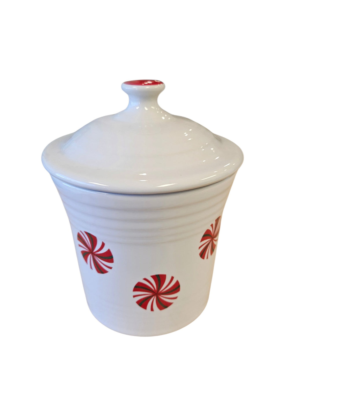 This is a Fiesta Fiestaware Jam Jar/Mini Canister featuring FTCCO's Peppermint decal on White. Post 1986, Lead-free, Decorated, Christmas, Original Betty Crocker Peppermint decal brought back to life by FTCCO.
