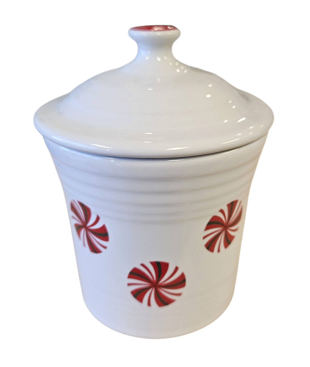 This is a Fiesta Fiestaware Jam Jar/Mini Canister featuring FTCCO's Peppermint decal on White. Post 1986, Lead-free, Decorated, Christmas, Original Betty Crocker Peppermint decal brought back to life by FTCCO.
