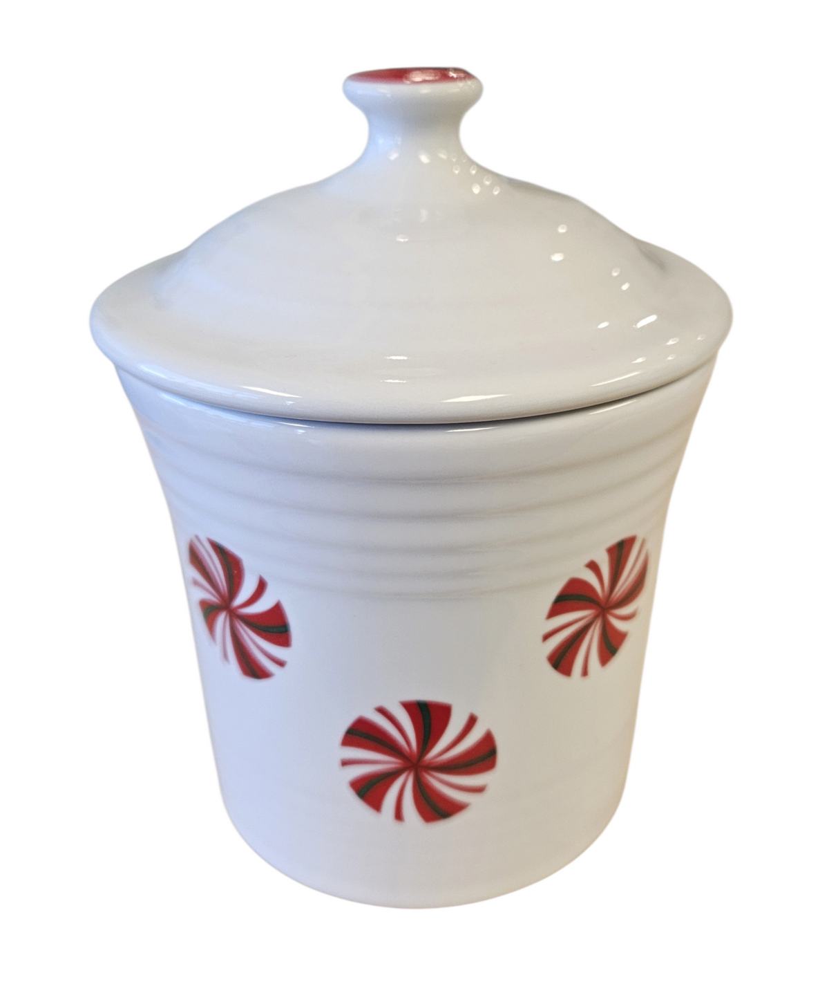 This is a Fiesta Fiestaware Jam Jar/Mini Canister featuring FTCCO's Peppermint decal on White. Post 1986, Lead-free, Decorated, Christmas, Original Betty Crocker Peppermint decal brought back to life by FTCCO.

