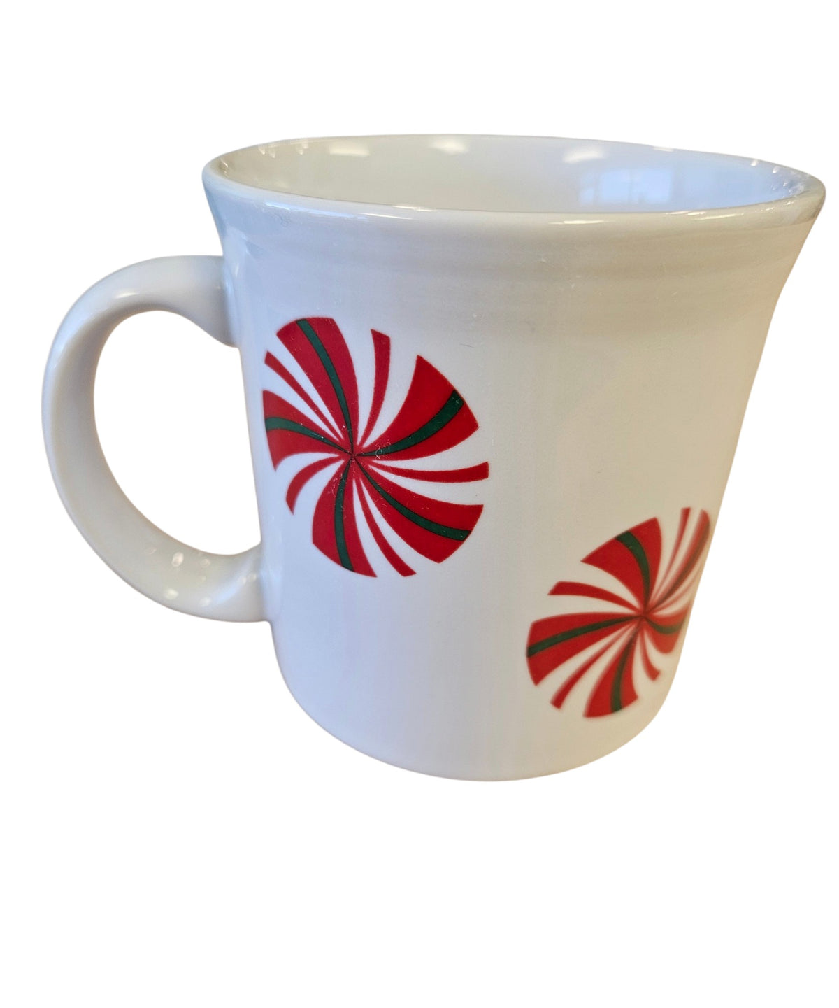 This is a Fiesta Fiestaware Java Mug featuring FTCCO's Peppermint decal on White. Post 1986, Lead-free, Decorated, Christmas, Original Betty Crocker Peppermint decal brought back to life by FTCCO.
