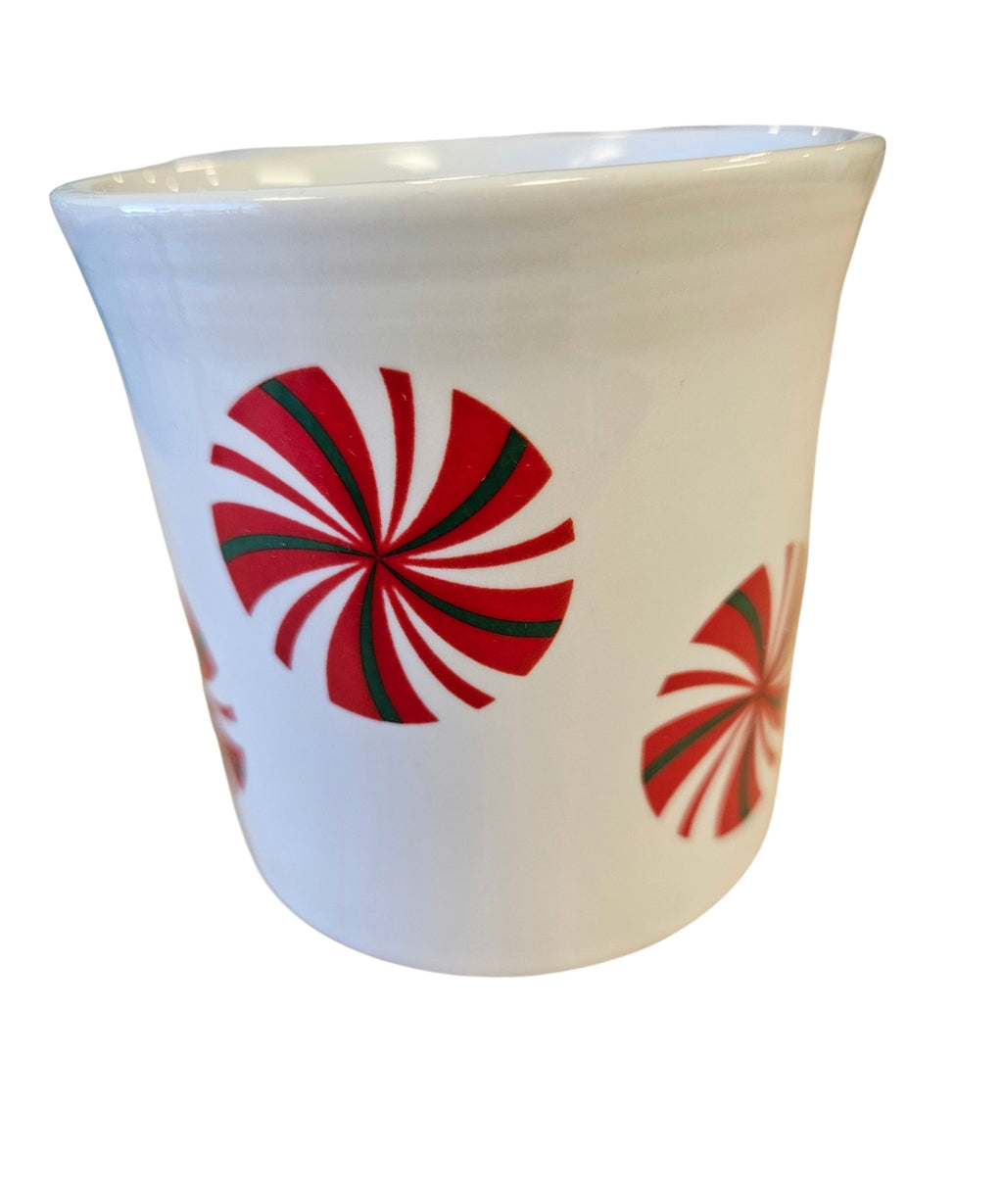 This is a Fiesta Fiestaware Java Mug featuring FTCCO's Peppermint decal on White. Post 1986, Lead-free, Decorated, Christmas, Original Betty Crocker Peppermint decal brought back to life by FTCCO.
