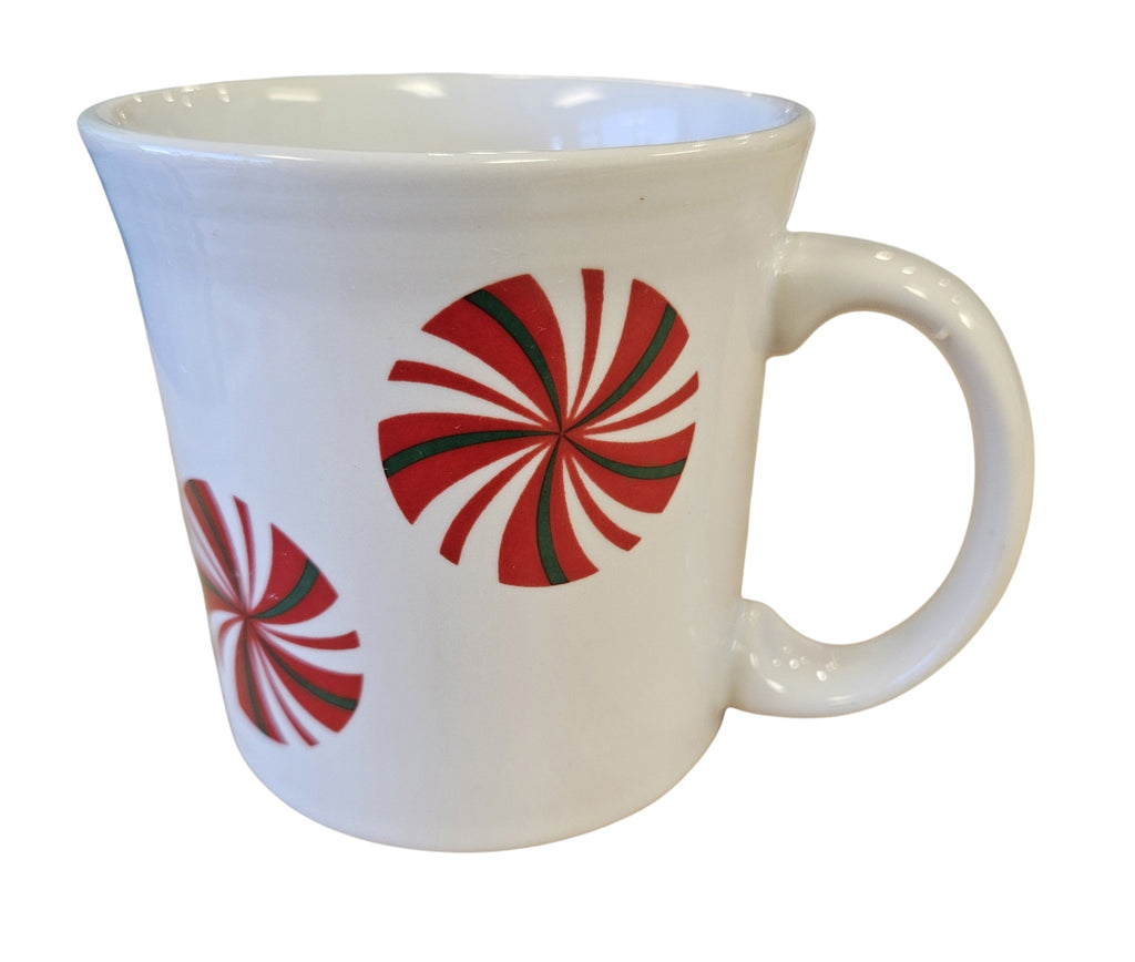 This is a Fiesta Fiestaware Java Mug featuring FTCCO's Peppermint decal on White. Post 1986, Lead-free, Decorated, Christmas, Original Betty Crocker Peppermint decal brought back to life by FTCCO.
