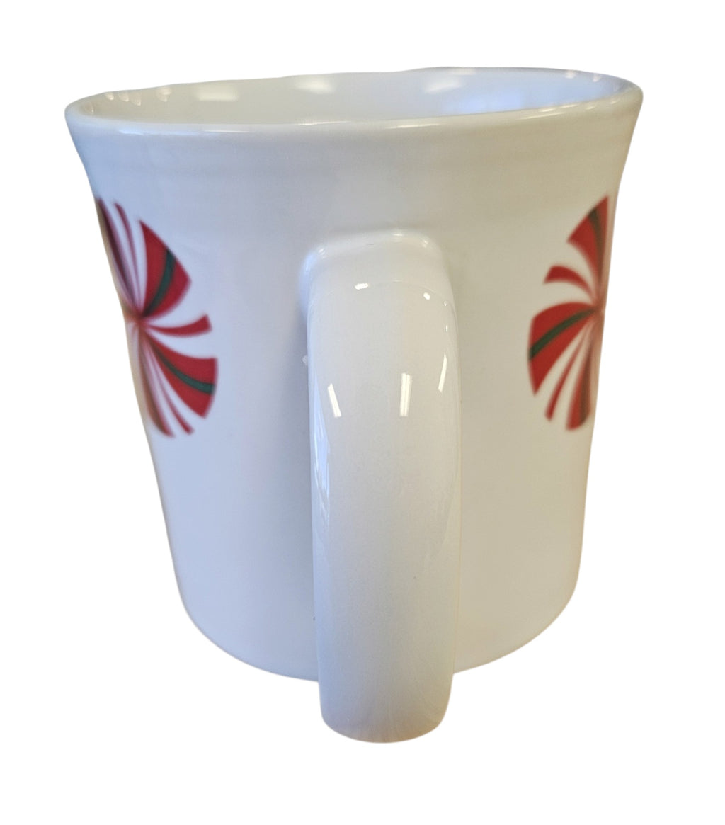This is a Fiesta Fiestaware Java Mug featuring FTCCO's Peppermint decal on White. Post 1986, Lead-free, Decorated, Christmas, Original Betty Crocker Peppermint decal brought back to life by FTCCO.
