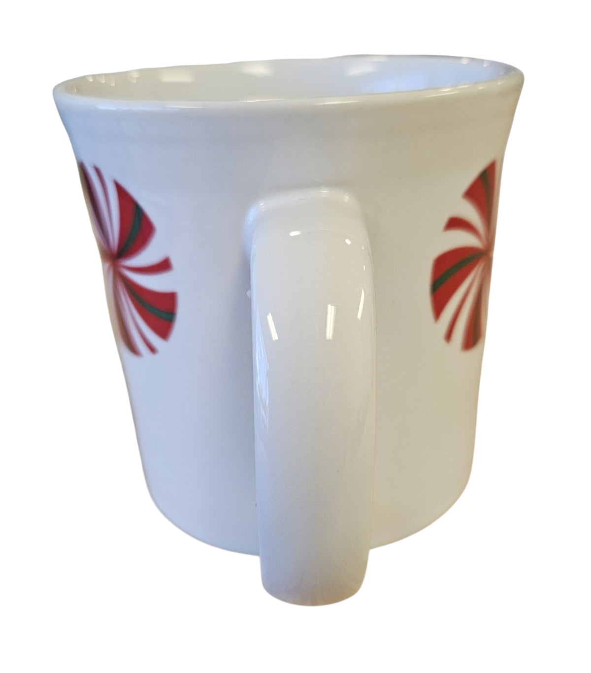 This is a Fiesta Fiestaware Java Mug featuring FTCCO's Peppermint decal on White. Post 1986, Lead-free, Decorated, Christmas, Original Betty Crocker Peppermint decal brought back to life by FTCCO.
