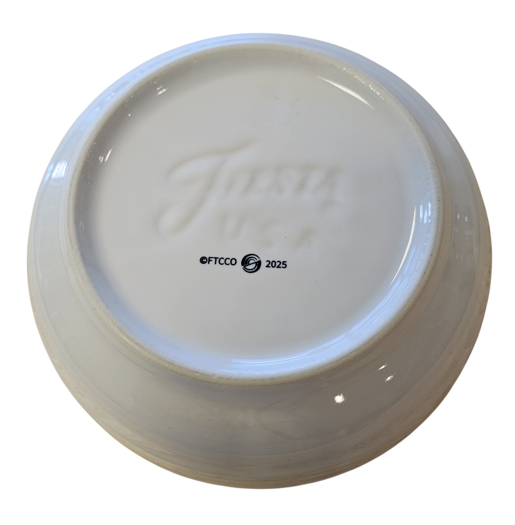 This is a Fiesta Fiestaware Coupe Salad Bowl Plate featuring FTCCO's Peppermint decal on White. Post 1986, Lead-free, Decorated, Christmas, Original Betty Crocker Peppermint decal brought back to life by FTCCO.
