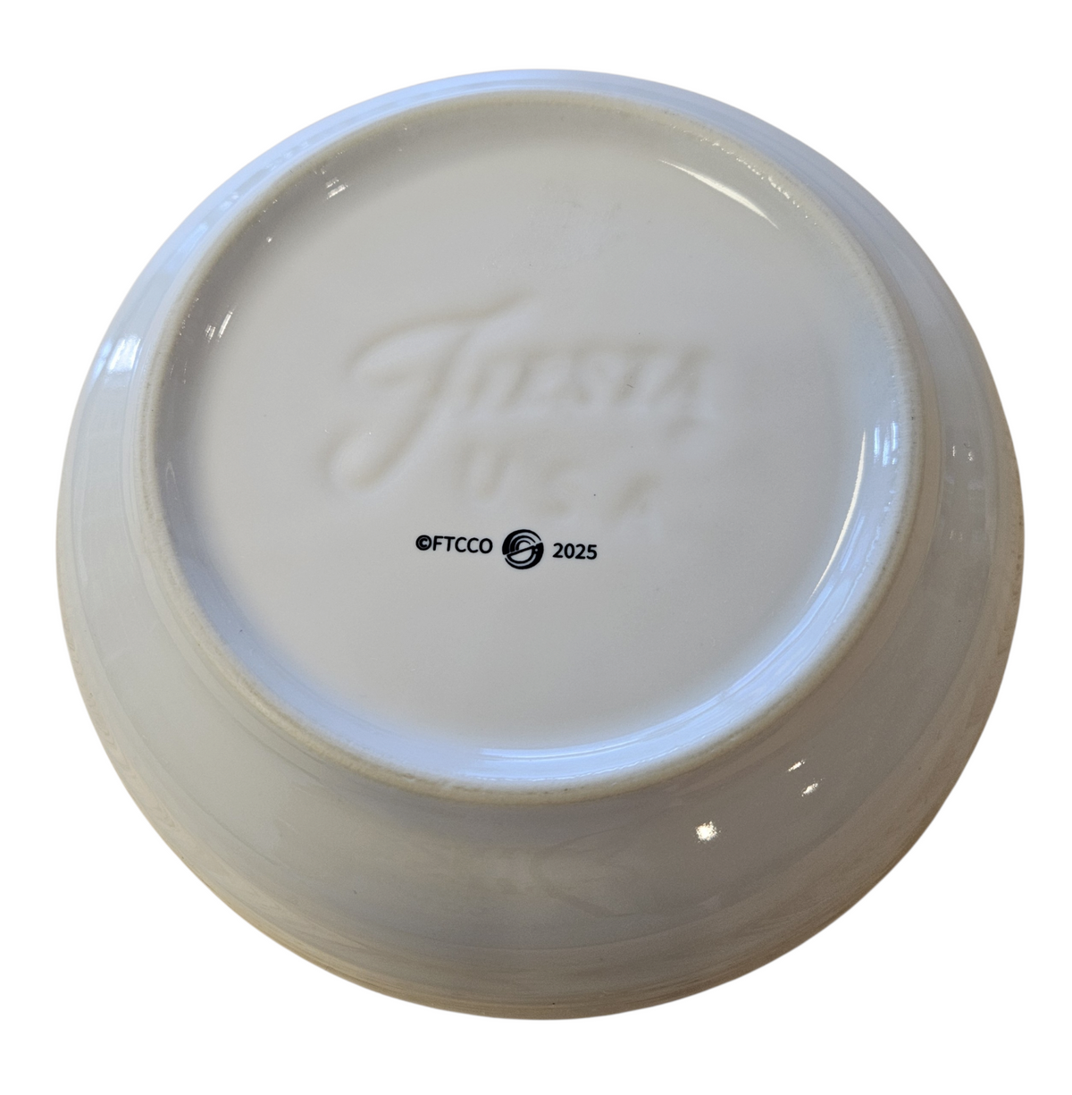 This is a Fiesta Fiestaware Coupe Salad Bowl Plate featuring FTCCO's Peppermint decal on White. Post 1986, Lead-free, Decorated, Christmas, Original Betty Crocker Peppermint decal brought back to life by FTCCO.
