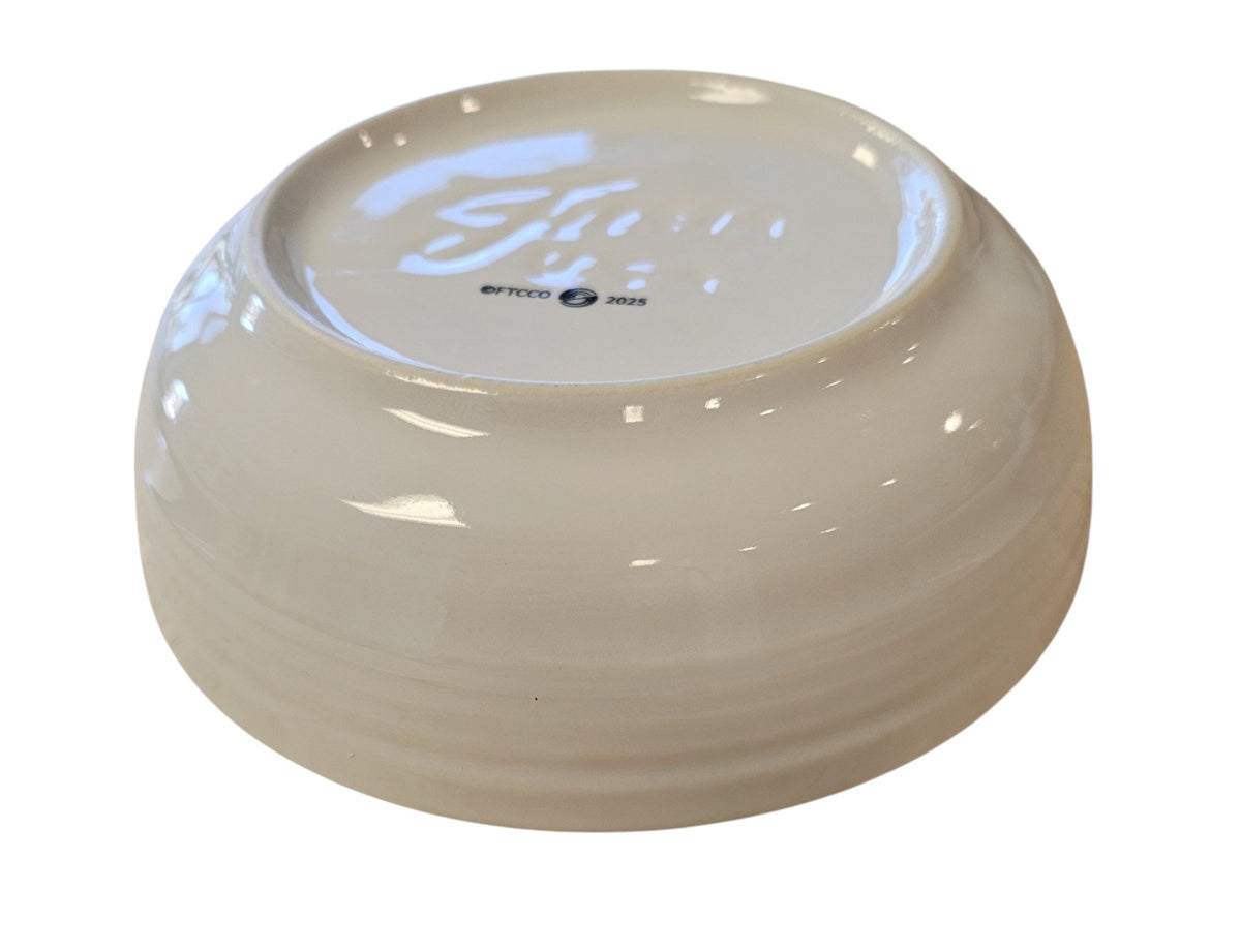 This is a Fiesta Fiestaware Coupe Salad Bowl Plate featuring FTCCO's Peppermint decal on White. Post 1986, Lead-free, Decorated, Christmas, Original Betty Crocker Peppermint decal brought back to life by FTCCO.
