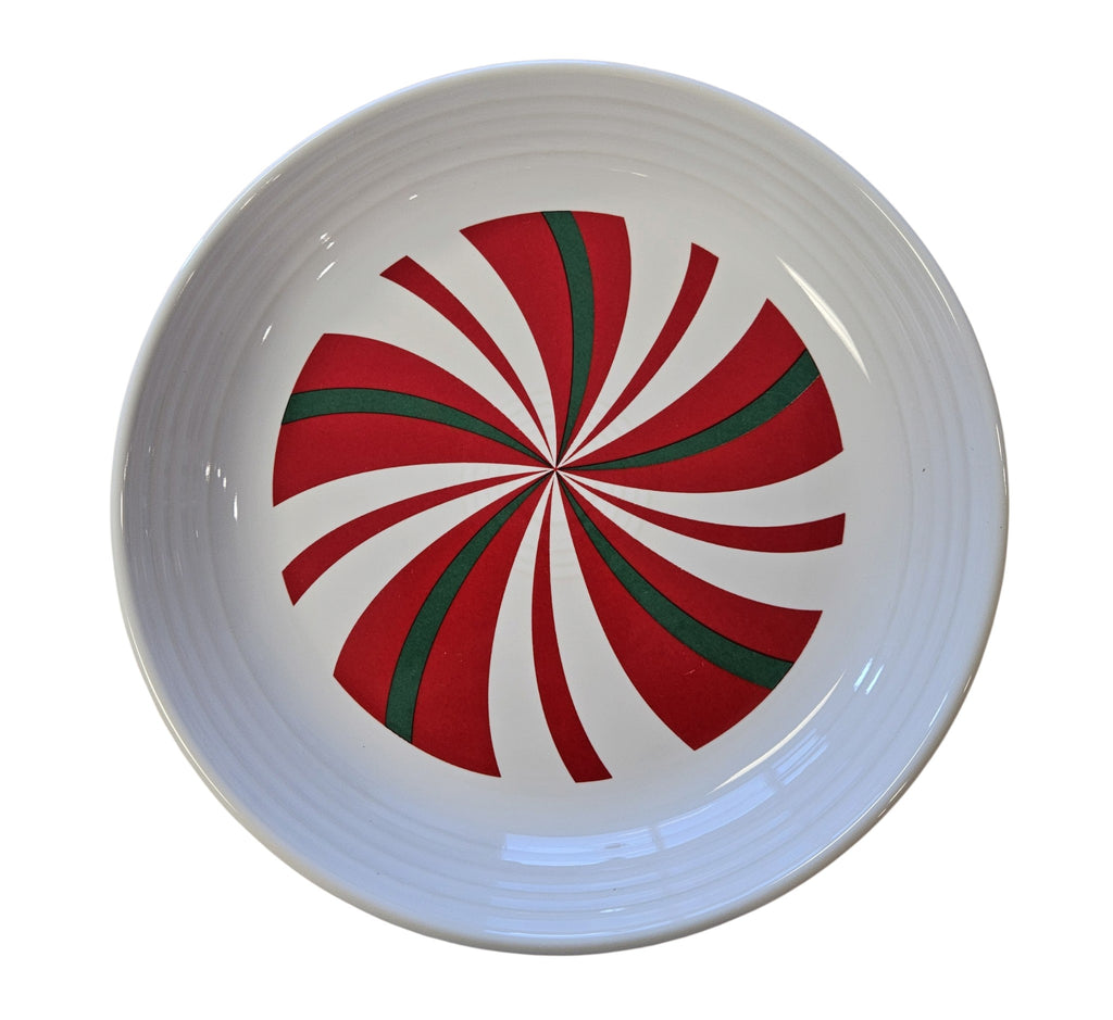 This is a Fiesta Fiestaware Coupe Luncheon Bowl Plate featuring FTCCO's Peppermint decal on White. Post 1986, Lead-free, Decorated, Christmas, Original Betty Crocker Peppermint decal brought back to life by FTCCO.
